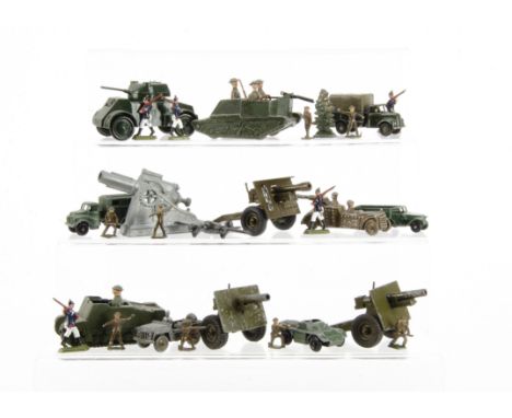 A selection of military vehicles and guns including Britains post WW2 25pdrs and Lilliput Austin Lorries (1 incomplete), Lone