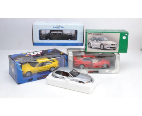 1/18 Scale Modern BMW Models, a boxed group comprising Model Car Group 209968 2000 TI Type 120 police, Motor Max 301E0030 7 S