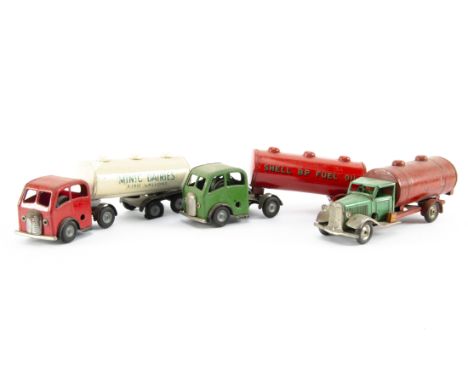 Tri-ang Minic Tinplate Clockwork Tankers,  71M red forward control cab Milk Tanker, 31M green forward control Shell BP Fuel O