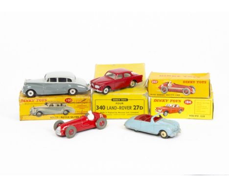 Dinky Toy Cars, 184 Volvo 122s, red body, spun hubs, 150 Rolls-Royce Silver Wraith, 232 Alfa Romeo Racing Car, in original bo