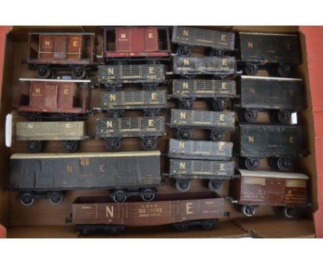 Leeds (LMC) O Gauge NE Freight Stock, with lithographed paper sides on wooden bodies, including cattle wagon,  three brake va