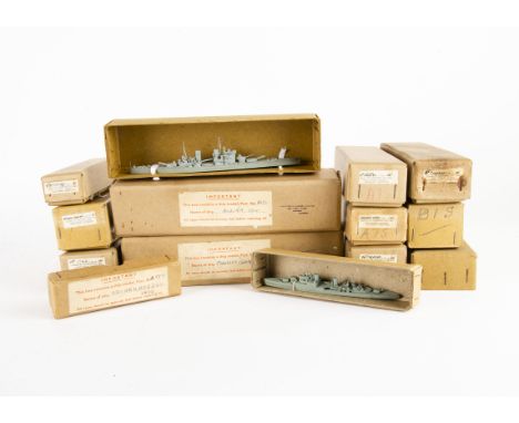 1/1200 Scale Waterline Models by Comdr M Norman DSC RN, a group of thirteen all marked Comdr M Norman in card boxes, includes