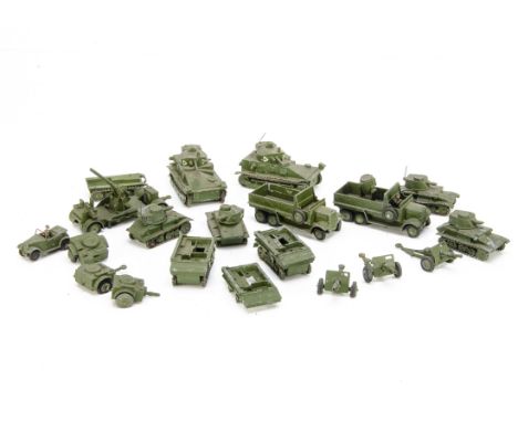 Pre-War Military Dinky Toys, including 161a Searchlight Lorry, 162 18-Pounder Field Gun Set (3), 151a Medium Tank (2), 152a L