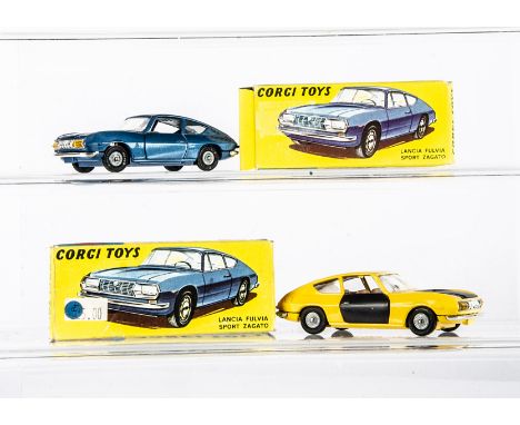 Corgi Toys 332 Lancia Fulvia Sport Zagato, two examples, first yellow body, black bonnet and doors, brown interior, detailed 