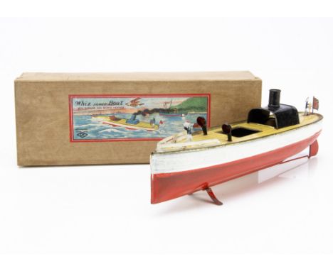 A Kuramochi (C K Japan) Tinplate Whiz Power Boat, rare pre-war put-put motor boat, with flag, figures, burner and funnel, in 