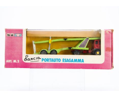 A Rare Polistil 1/43 Lancia Esagamma Car Transporter M 2, red cab, light green trailer and upper deck, in original box, E, bo