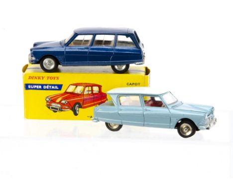 A French Dinky Toys 557 Citröen AMI 6, light blue body, pale blue roof, red interior, spare tyre under bonnet, concave hubs, 