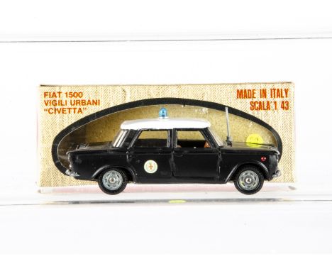 A Mebetoys A15 Fiat 1500 Vigili Urbani "Civetta", matt black body, white roof, brown interior, cast hubs, blue roof light, gr