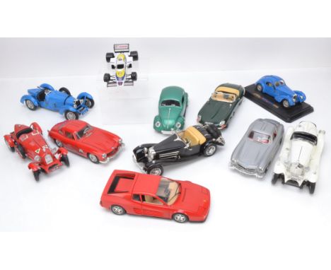 Unboxed 1/18 Scale Cars, vintage and modern private and competition models comprising, Solido VW Beetle/Ford V8, Burago Testa