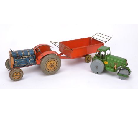 Tri-ang and Mettoy Tin Toys, Tri-ang Minic green clockwork Road Roller, Mettoy blue and red clockwork Tractor and orange Trai