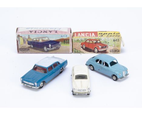 Lancia by Mercury, Art 5 Lancia Appia 3rd Series, white body, in original box, Art 8 Lancia Flaminia, turquoise body, pale bl