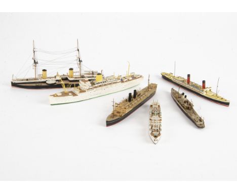 1/1200 Scale Waterline Models, a group of six includes T S S  King Edward by Millars Marine Models, HMS Inflexible, Arcadia a