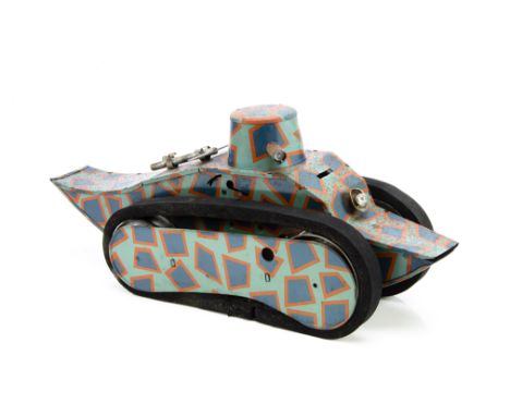 A Large Scale 1920s Tinplate Clockwork French Renault Tank, approx 450mm in length, with battery operated front light, key cl