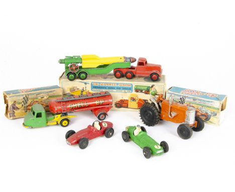 Crescent Toys, No 1285 B R M Mk2 Racing Car, No 1290 Maserati 2 5l, No 1276/1 Scammell Scarab 'Shell BP' Tanker, in original 