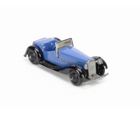 A Dinky Toys 36e British Salmson Two-Seater Sports Car, blue body, black moulded chassis and ridged hubs, VG-E