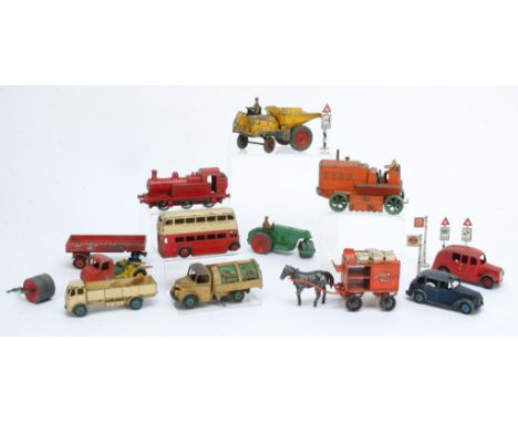 Various Playworn Diecast Vehicles  and Road Signs, including Dinky, Bulldozer, Refuse Lorry, Roller, Taxi, Bus, Dumper Truck,