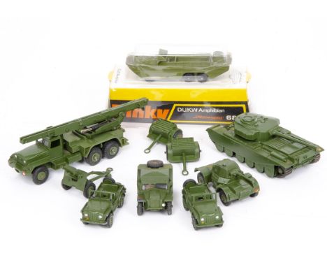 Dinky Toy Military Vehicles, including loose 688 Field Artillery Tractor, 651 Centurion Tank, 674 Austin Champ (2), 670 Armou