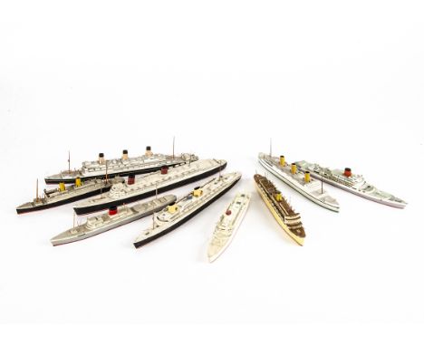1/1200 Scale Merchant Ship Waterline Models, all unmarked includes, Wilhelm Gustloff, SS Otranto, Stirling Castle, and two ot