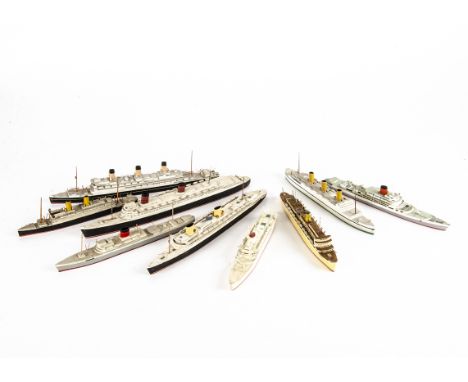 1/1200 Scale Merchant Ship Waterline Models, all unmarked includes, Wilhelm Gustloff, SS Otranto, Stirling Castle, and two ot