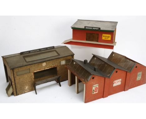 A Collection of Bassett-Lowke O Gauge wooden Buildings, including terminal station building (P - woodworm infestation), singl