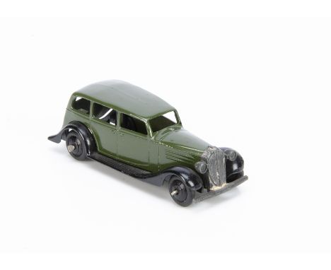 A Dinky Toys 30d Vauxhall, dark olive green body, black plain chassis and ridged hubs, E