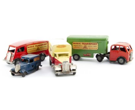 Tri-ang Minic Tinplate Clockwork Commercial Vehicles, 30M articulated red forward control Truck and green Trailer with Minic 