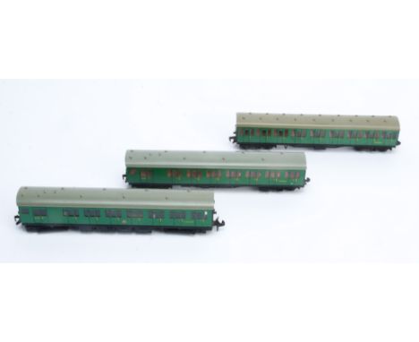 Hornby-Dublo 00 Gauge 2-Rail SR green EMU 3-Car Unit, Motor Coach and Trailer coach, both with light-medium foxing to both si
