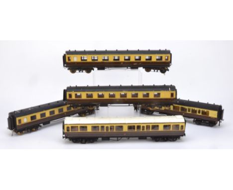 Five 'scale-length' O Gauge GWR Coaches, probably kit-built, mostly white-metal bogies, 3 coaches with turned brass wheels, a