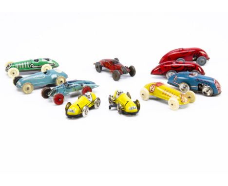 Pre  and Post-War Tinplate Racing Cars, ten small scale racing cars, mostly German, three with clockwork motors, others penny