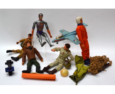 1970S Action Man Maskertron and other toys, four Action Man, all with clothing together with quantity of clothing and equipme