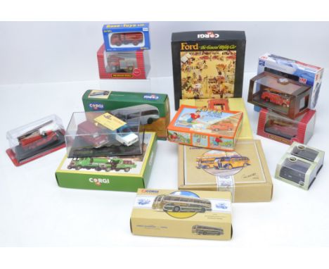 Diecast Commercial Models, a boxed/cased collection of vintage and modern vehicles including fire service, buses and other co