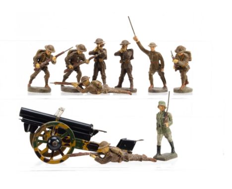 Elastolin 70mm scale composition British Infantry in fighting poses (9), with Duro officer, Lineol marching German, and Germa
