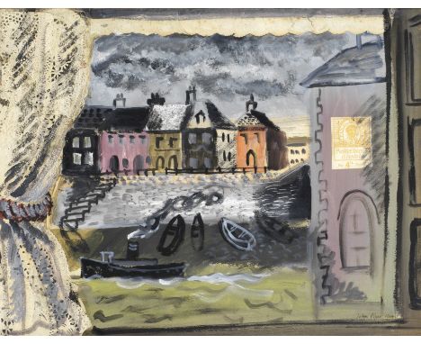 John Piper C.H. (British, 1903-1992)Harbour through a window signed and dated 'John Piper 1934' (lower right)gouache and coll