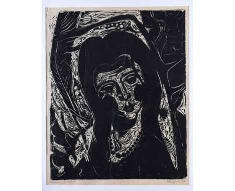   Ulrich KNISPEL (1911-1978)   "Mädchen mit Feder" (1947)  Grafik - Holzschnitt, Sichtmaß: 63,5 cm x 50,5 cm, das Blatt minim