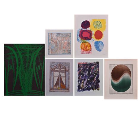   Konvolut Grafik, verschiedene Künstler   6 Grafiken  1) Klaus DENNHARDT (1941), Farbserigrafie, Blattmaß 50 cm x 40 cm, rec