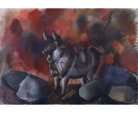   Otto HERBIG (1889-1971)   "Stier"  Aquarell - Pastell, Mischtechnik auf leichtem Karton,  48 cm x 68 cm, mit Rahmen 70 cm x