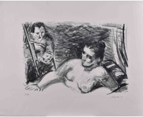   Harald METZKES (1929)   "Maler und Model"  Grafik - Lithografie auf Bütten, 50,5 cm x 63 cm,  rechts unten handsigniert und