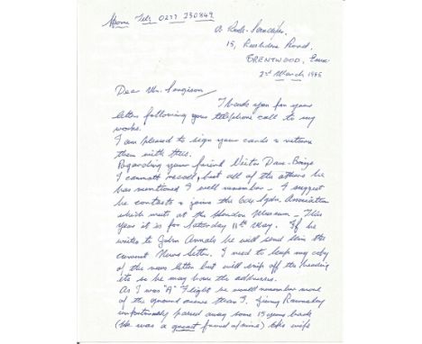 Battle of Britain Sgt. A K Sandifer RARE signed handwritten two page letter with details on his career. RAF WW2. Good conditi