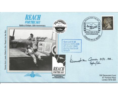 Battle of Britain Sqn Ldr K Carver DFC signed Reach for the Sky cover. RAF WW2. Good condition Est.