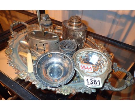 Collection of mixed silver plated items tray tea caddy etc 