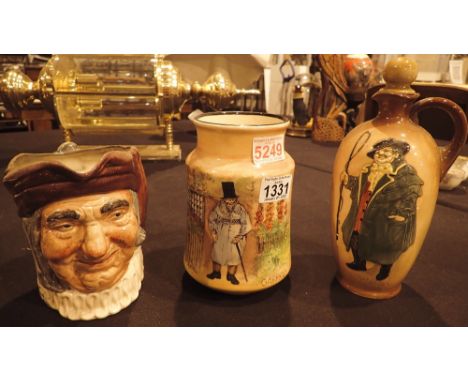 Three pieces of Royal Doulton ceramic character jug including Tony Weller ale flask 