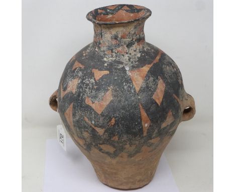 Neolithic period terracotta vessel, with flared tubular neck and two loop handles; the upper body painted with geometric moti