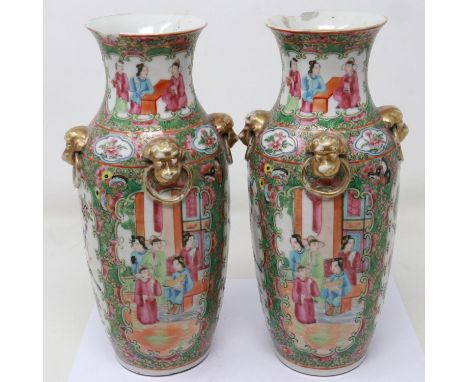 Pair of hand painted Chinese Canton vases with animal mask decoration, damages to rims, H: 25 cm, chips/losses to booth rims,