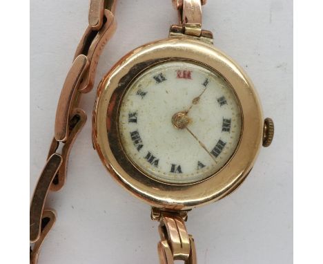 Ladies 9ct gold 17 jewel wristwatch on a yellow metal Bonklip bracelet, total 24.3g, not working at lotting. UK P&amp;P Group
