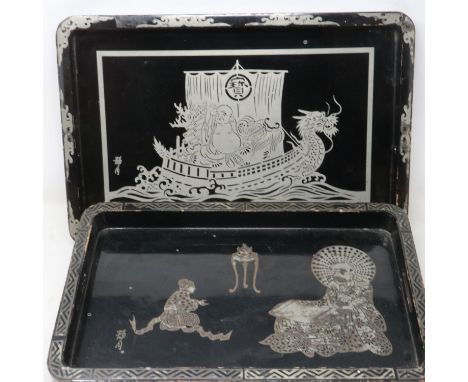 Two Chinese lacquered trays with silvered figural decoration, largest 46 x 30 cm. UK P&amp;P Group 2 (£20+VAT for the first l
