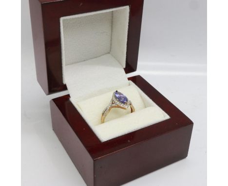 9ct gold ring set with marquise cut tanzanite and diamonds, size R, 2.6g. UK P&amp;P Group 0 (£6+VAT for the first lot and £1