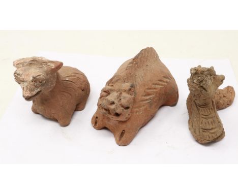Han Dynasty zoomorphic clay figure of a recumbent goat, serpent and another beast (3), largest L: 10 cm. UK P&amp;P Group 2 (