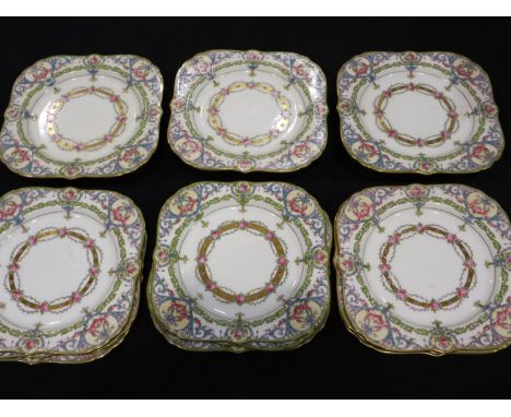 Royal Worcester hand painted dessert service with puse mark (12), damages throughout, hairline cracks and crazing to six side