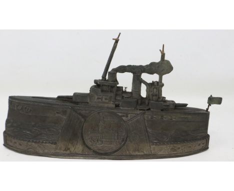 Vintage cast metal ship moneybox for Hamburg, L: 18 cm. UK P&amp;P Group 1 (£16+VAT for the first lot and £2+VAT for subseque