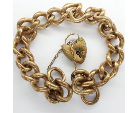 Yellow metal heavy gauge bracelet with rolled gold padlock clasp, L: 18 cm, 45g. UK P&amp;P Group 0 (£6+VAT for the first lot